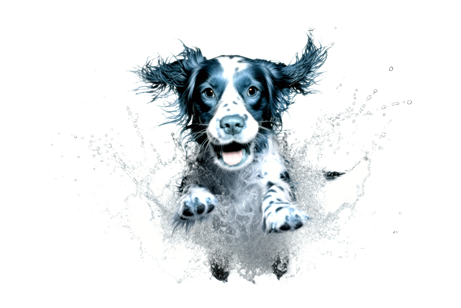 A Spotty Dog flying through the air with water spraying behind